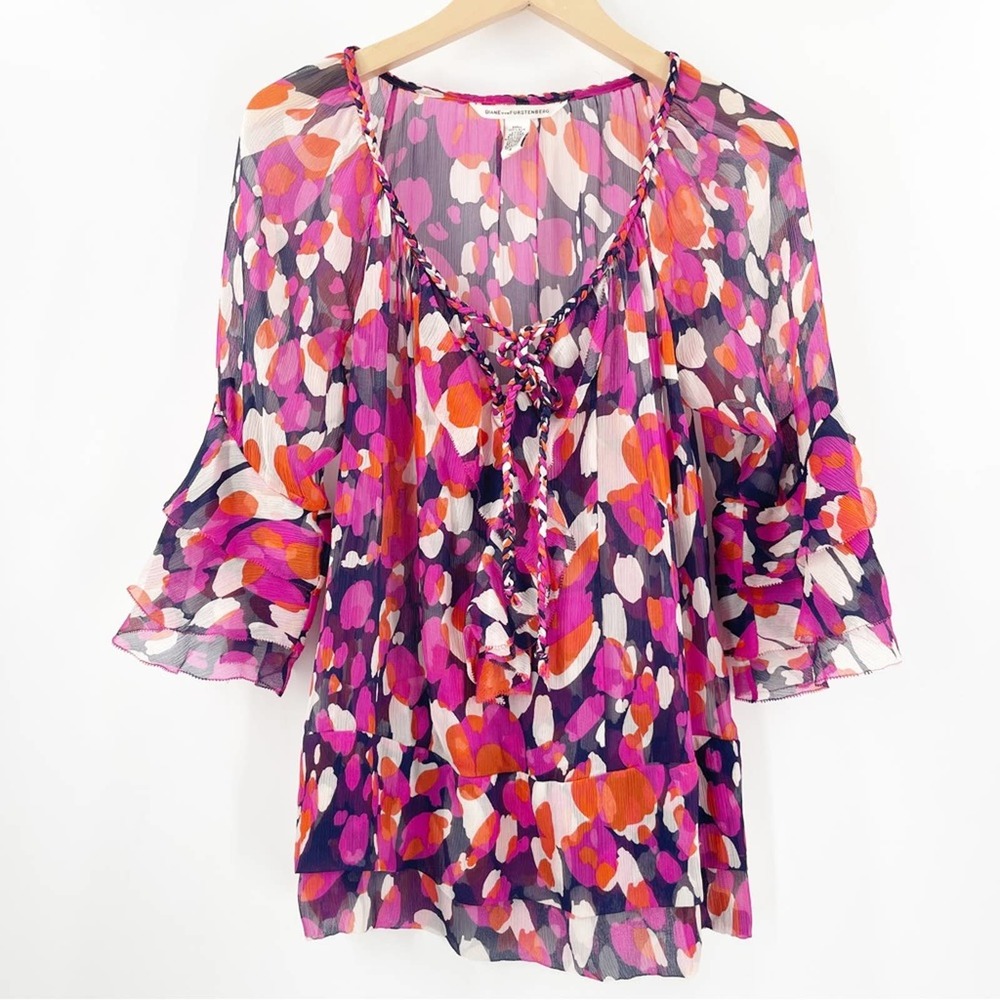 DIANE VON FURSTENBERG Blouse Size 6 Gitane Designer Luxury 100% Silk Sheer